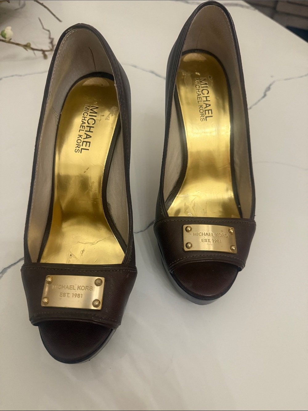 Michael Kors Brown Peep-Toe Heels with Gold Plaque